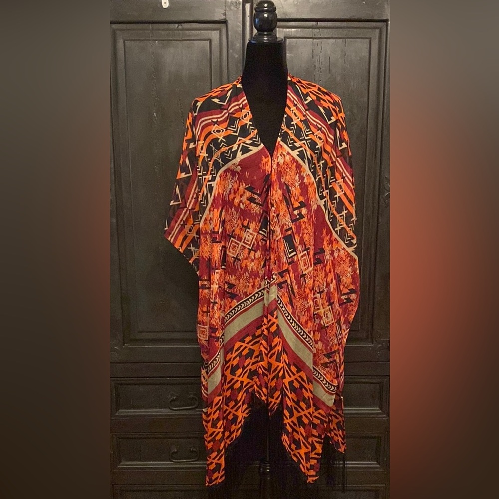 Southwestern poncho/ wrap/ cover up with fringes- one size